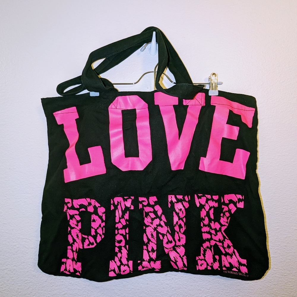 Victoria's Secret Large Black Pink Canvas Tote Bag